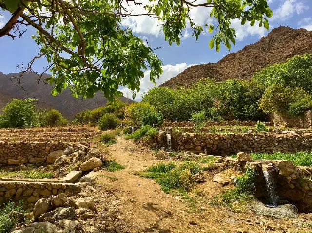 Dirt path and water channel among stone walls and green trees below mountains