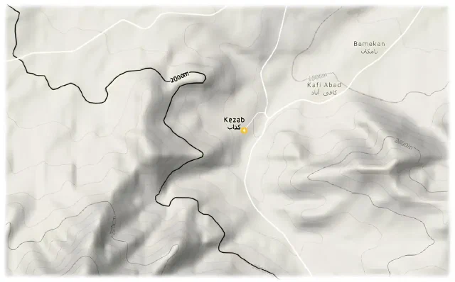 Shaded terrain map around Kezab showing roads and contour lines