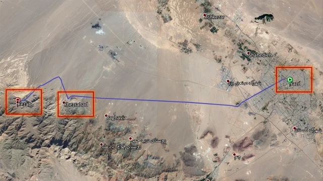 Satellite map with Kezab, Khezrabad, and Yazd marked along a blue route