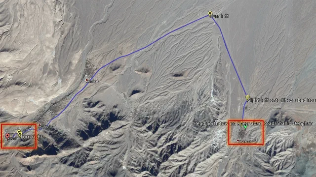 Terrain map with a blue route and two locations outlined in red