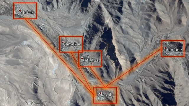 Satellite map with red lines linking Kezab to surrounding villages