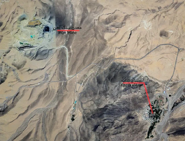 Satellite map with the iron mine and Kezab labeled among mountain ridges