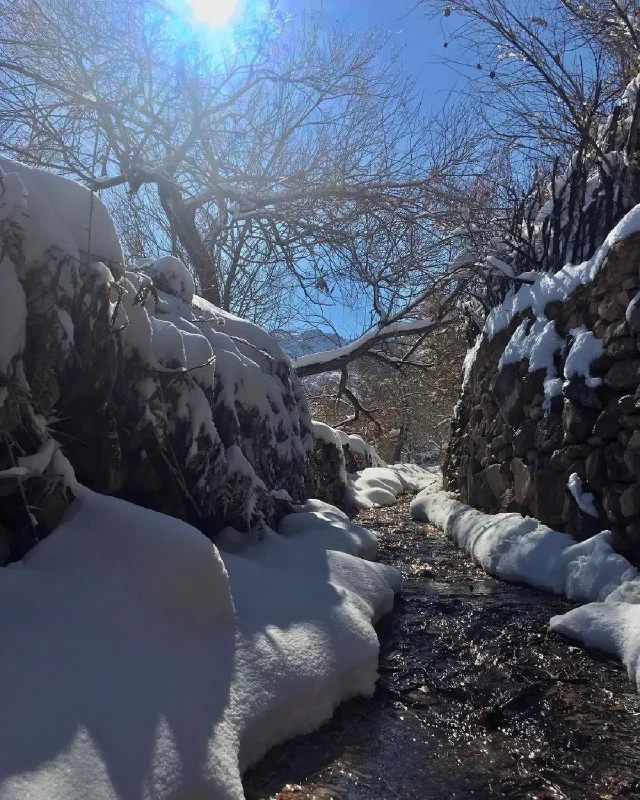 Water flowing between snowy banks and stone walls beneath bare trees