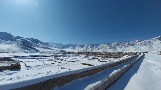 Snow-covered fields and mountains beside a walled path beneath a clear blue sky